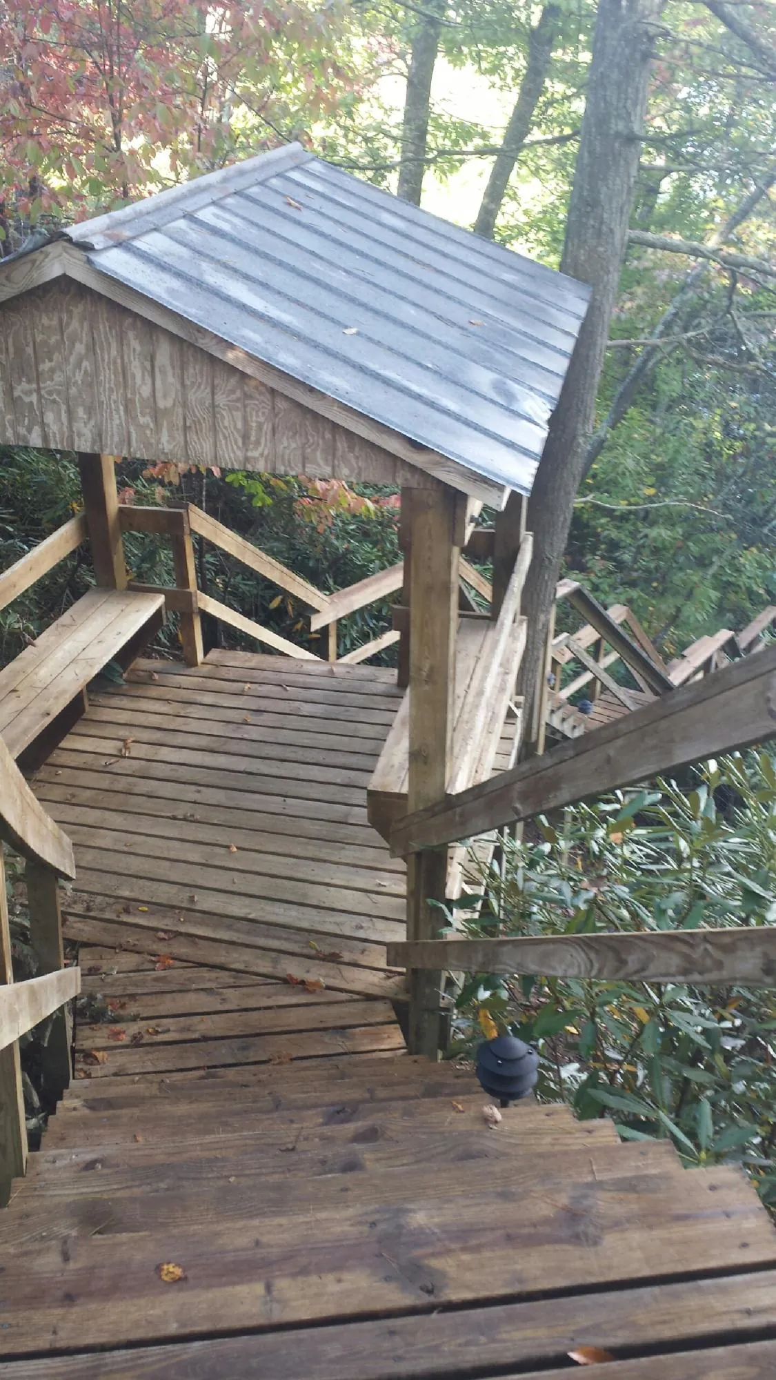 Metal roofed shelter over wooden steps on a wooded walkway — Skylight Repair & Installation work by our crew in Branson